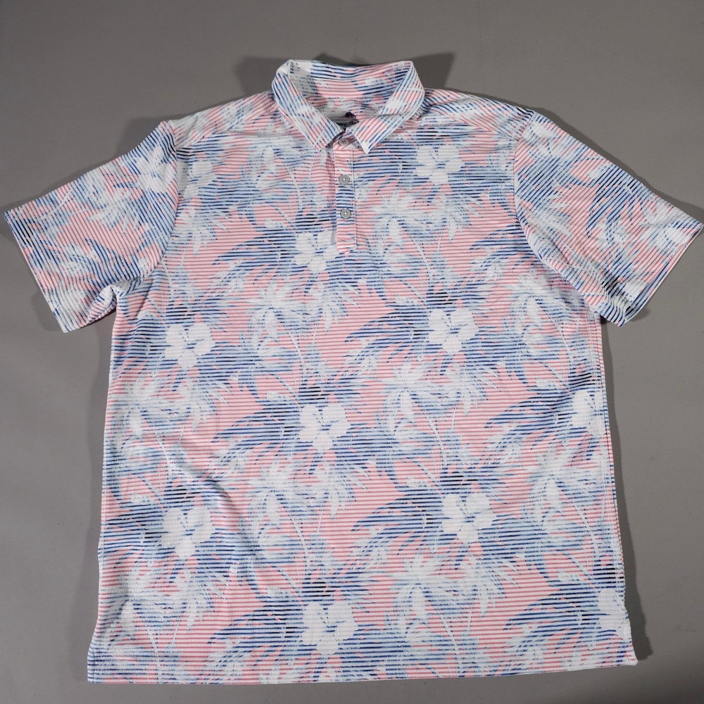 Tommy Bahama Polo Shirt Mens XL Pink Blue Tropical Palm Floral Striped Short Slv